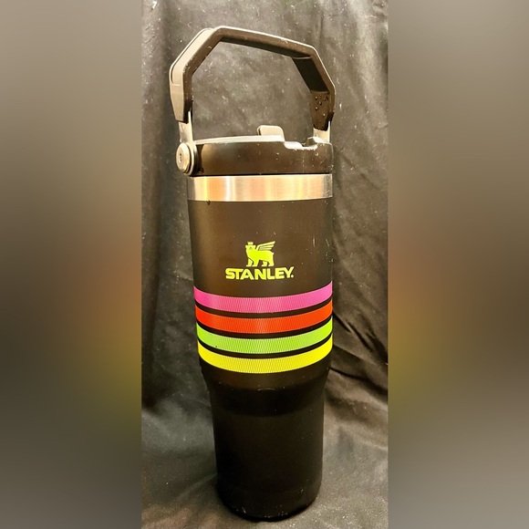 Stanley 30 Ounce Distressed Black Travel Mug with Rainbow of Neon Stripes Trendy - Picture 3 of 12